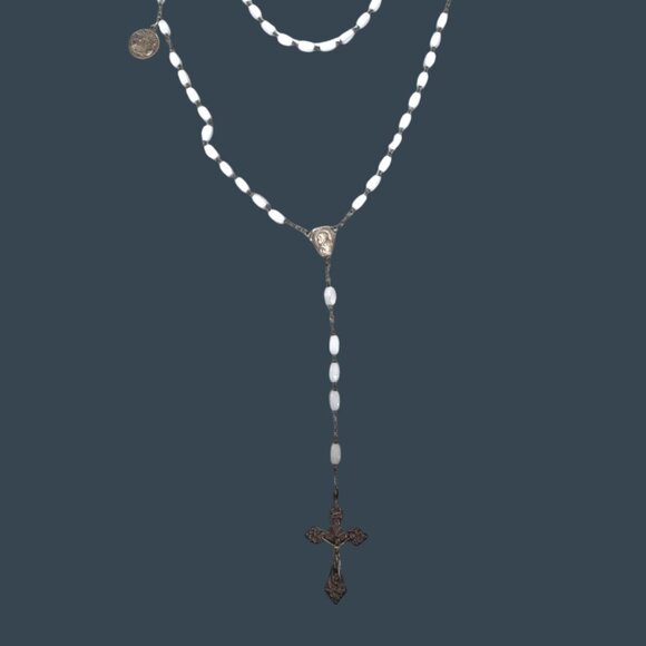 Vtg Roma Italy White Milk Glass Pearl Religious Rosary Necklace Cross Pendant - Picture 1 of 9